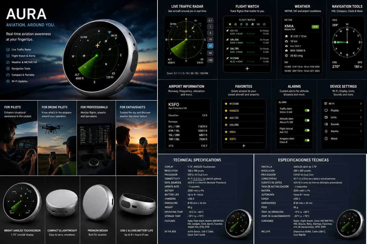 AURA Complete Infographic — All features, interfaces, specifications and use cases