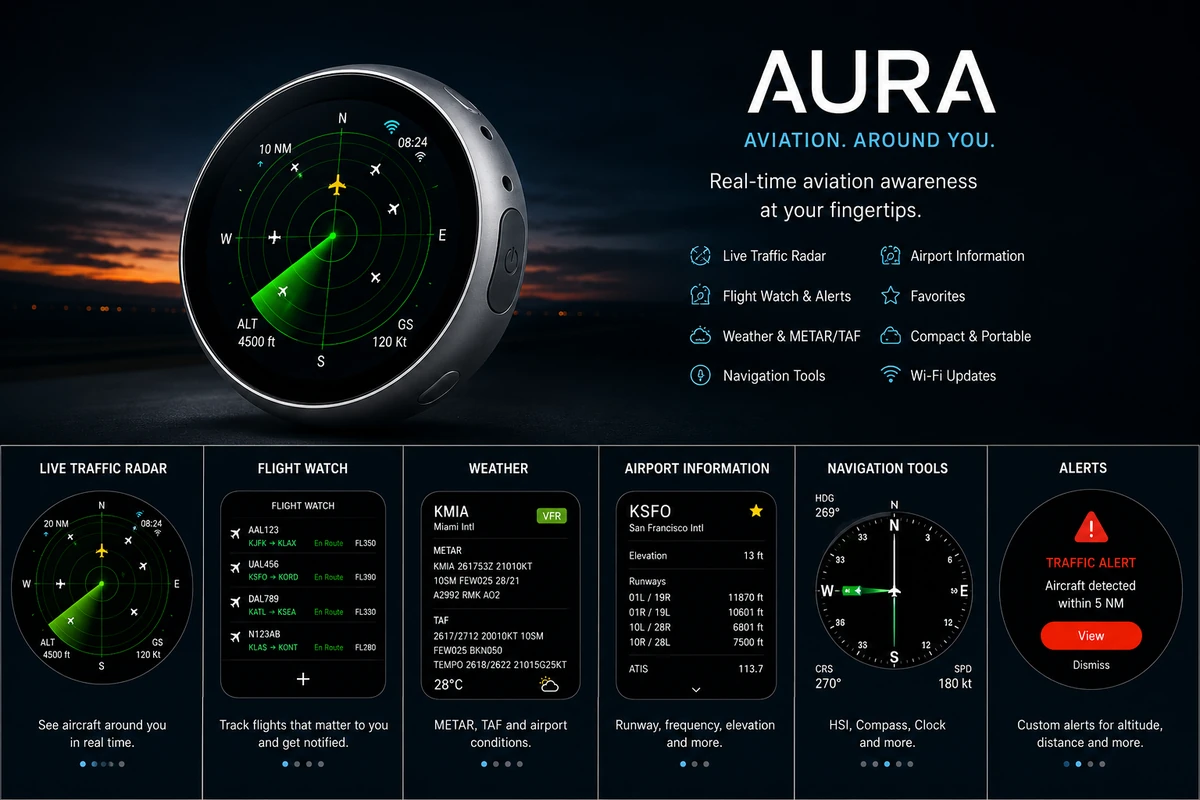 AURA device with multiple aviation features displayed